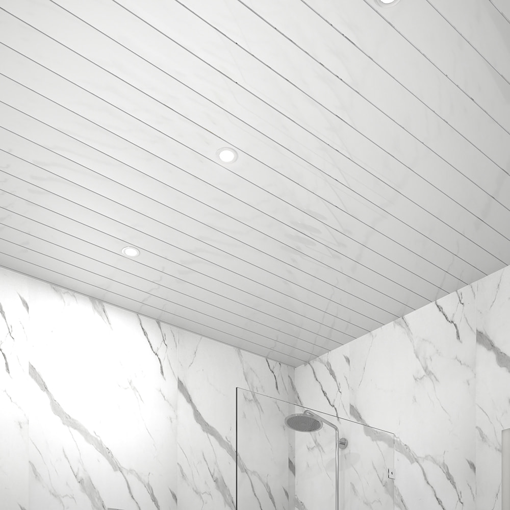picture of a ceiling with White Gloss with Chrome Strip 5mm bathroom panels installed
